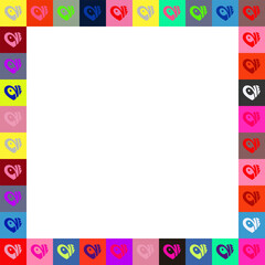 Vector frame of multicolored squares with colored text love in the shape of a heart. Creative design
