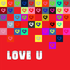 Vector creative card with text - love u. Multicolored squares with the inscription love in the shape of a heart. Creative design