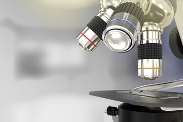 covid-19 analyzing concept, lab electronic scientific microscope on bokeh background - object 3D illustration