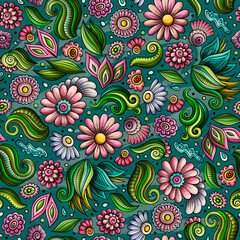 Cartoon cute hand drawn Spring seamless pattern.