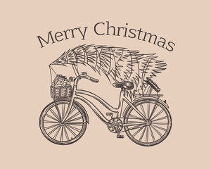 Bicycle with a Christmas tree. Spruce in the luggage of the bike. Delivery concept. Vector illustration for label, badge, logo, postcard or banner. Hand drawn Vintage engraved sketch. 