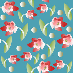 Obraz na płótnie Canvas Seamless pattern of blooming tulips on a green background for textile.