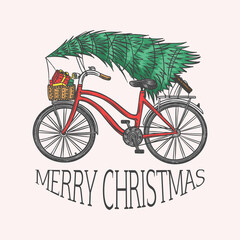 Bicycle with a Christmas tree. Spruce in the luggage of the bike. Delivery concept. Vector illustration for label, badge, logo, postcard or banner. Hand drawn Vintage engraved sketch. 
