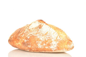 Fragrant French hearth bread, close-up, isolated on white.