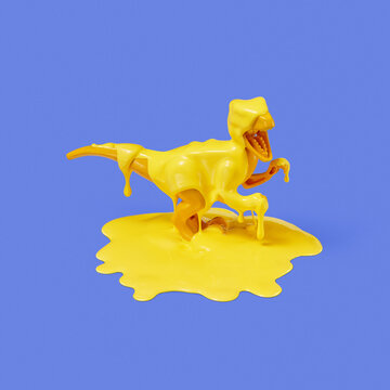 Dinosaur toy covered yellow paint.