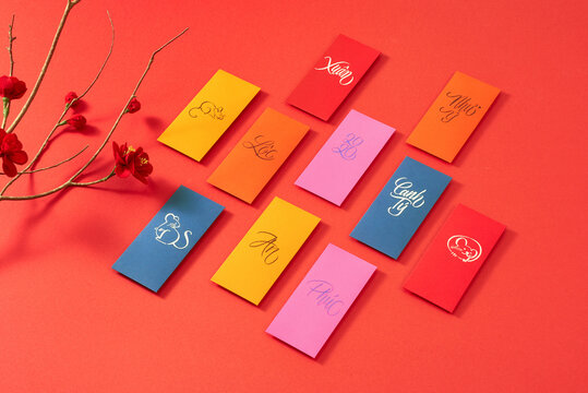 Decoration for Vietnam Tet holiday, also lunar new year. Lucky envelops for Rich wishes.