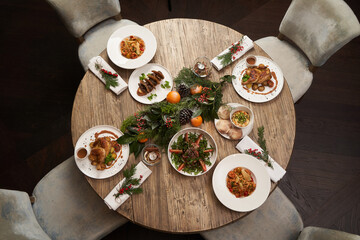 Christmas food table setting. Xmas and New Year dinner