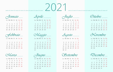 Italian 2021 Calendar template. 12 months. Horizontal Simple and clean design. Stock vector