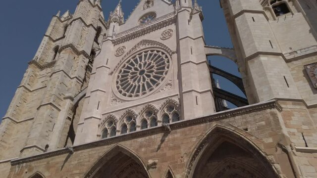 Castilla Leon, Spain - September 5, 2020: TILT SHOT - Gothic Cathedral of Leon. The Santa Mar&iacute;a de Le&oacute;n Cathedral, also called The House of Light or the Pulchra Leonina.
