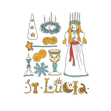 Saint Lucia Day celebration elements set. Young girl wearing a candle crown. Saffron buns, christmas wreath, snowflake and hand drawn lettering. Perfect for cards, posters and banners