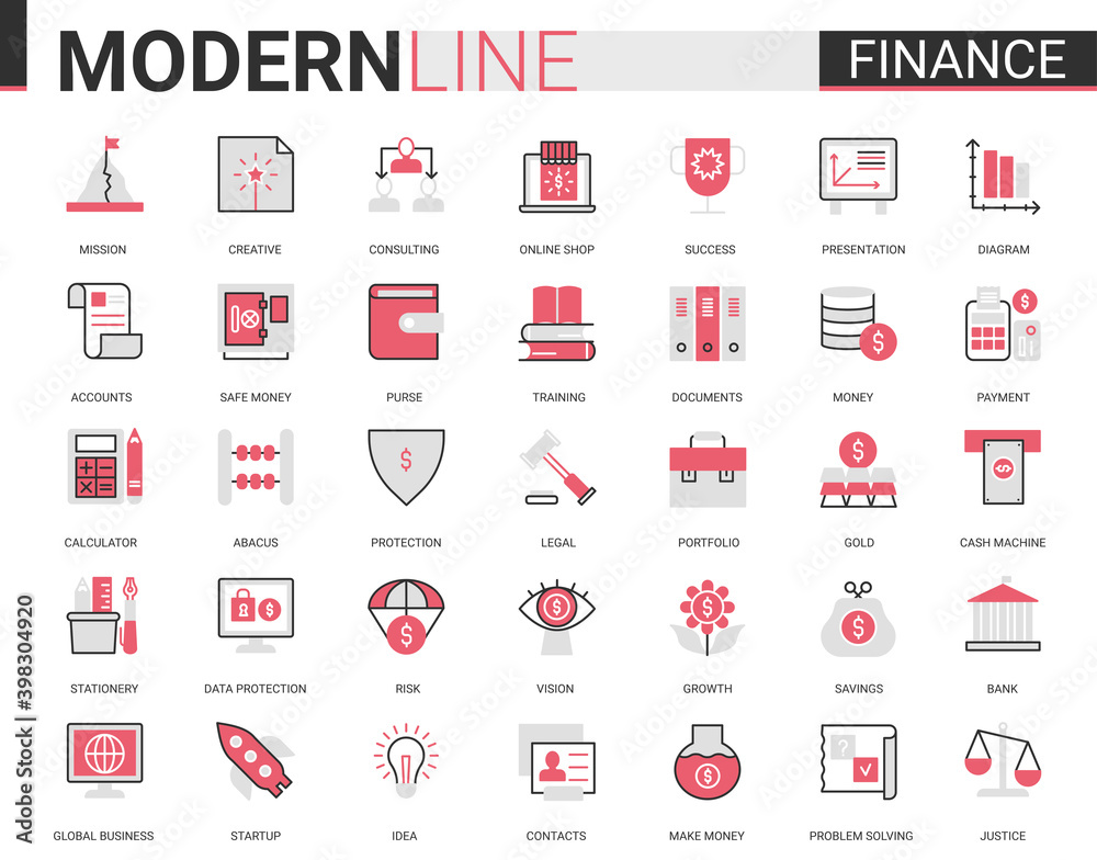 Poster finance flat thin red black line icon vector illustration set with outline financial business symbol