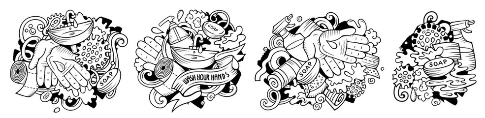 Hand Wash cartoon raster doodle designs set.
