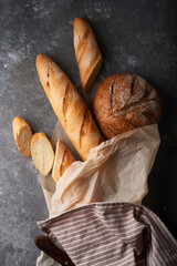 Fresh homemade bread, French baguettes, gluten-free gray bread