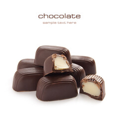 Chocolate candy with sweet cream inside on the white background