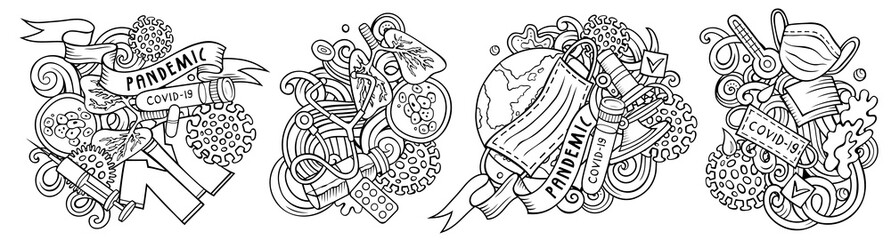 Epidemic cartoon raster doodle designs set.