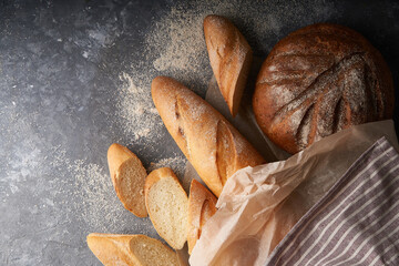 Fresh homemade bread, French baguettes, gluten-free gray bread