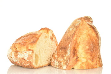 Fragrant French hearth bread, close-up, isolated on white.