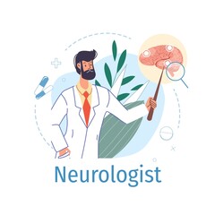 Cartoon flat doctor character in uniform,lab coat with medical devices and symbols-neurologist medic profession career concept