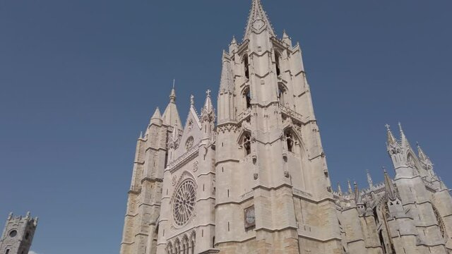 Castilla Leon, Spain - September 5, 2020: Gothic Cathedral of Leon. The Santa Mar&iacute;a de Le&oacute;n Cathedral, also called The House of Light or the Pulchra Leonina.