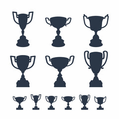 Trophy cups set. Black silhouettes of award cups with in different shapes on white background