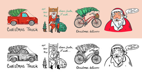 Car and Bicycle with a Christmas tree. Spruce iand wreath. Santa Claus. Bearded grandfather with a child. Vector illustration for label, postcard or banner. Hand drawn Vintage engraved sketch. 
