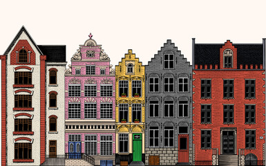 Amsterdam houses. Urban residential buildings. Scandinavian style. European city. Hand drawn monochrome doodle vector illustration 