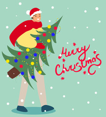 Fototapeta na wymiar A man holds a decorated Christmas tree, a new year's card, a poster, it's snowing. Vector winter new year illustration in flat style