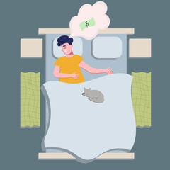 Sleeping man having a dream concept template. Vector flat illustration with  dream cloud and sleeping man  and cat