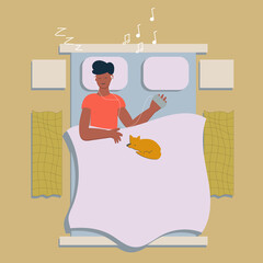 A man lies in bed and listens to music, music before going to bed, vector flat illustration