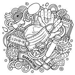 Cartoon raster doodles quarantine illustration. Line art epidemic picture