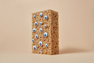 Googly eyes cover bath sponge surface.