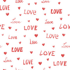 Fototapeta na wymiar Love word in different fonts with hears hand-drawn digital watercolour seamless pattern for valentine day - fabric, wrapping, textile, wallpaper, background.