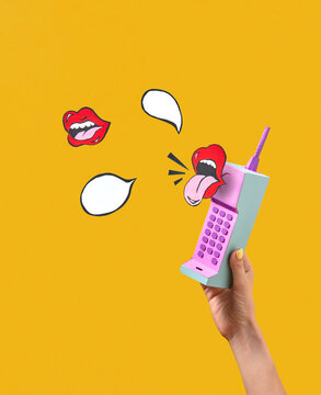 Retro mobile telephone and pop art icons.