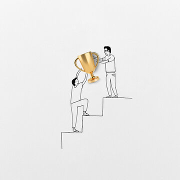 Drawn men are holding the golden victory Cup.
