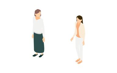 アイソメトリック、立ち止まる女性と振り返る女性