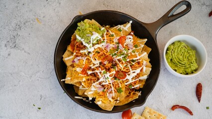 Skillet Turkey Chili Nachos topped with sourcream and guacamole