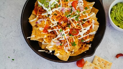 Skillet Turkey Chili Nachos topped with sourcream and guacamole