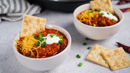 Homemade Turkey bean chili topped with sourcream cheese and green onions, selective focus