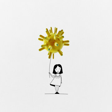 Girl with coronavirus bacteria balloon.