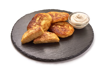 Fried potato pancakes, isolated on white background