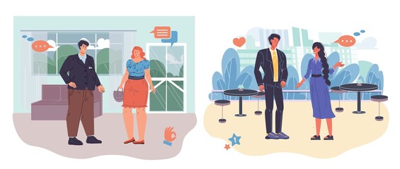 Cartoon flat characters talking and communicate-various persons,poses, emotions and sizes. Lifestyle,communication and fashion concept