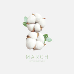 Creative concept for March 8 from cotton. International Women's Day. Number eight from cotton flowers, green twigs of eucalyptus on light background. Flower card, floral composition. Spring, holiday
