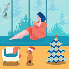 Vector illustration Young woman with cup of hot tea or coffee sitting on sill beside window. Winter landscape outside.