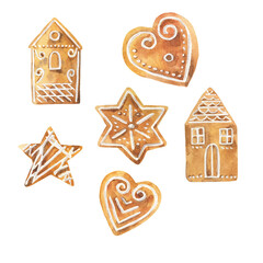 Set of traditional holiday gingerbread on white background. Hand drawn watercolor illustration. - 398309744