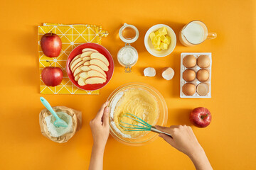 various ingredient for make apple cake.