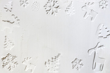 Snow, star, glitter line, elk and christmas tree on a white flour background. Abstract snowflake...
