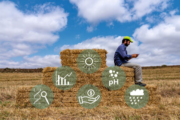 modern and smart agriculture applications. A young farmer with a beard is sitting on bales of hay....