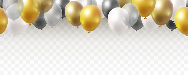 Balloon seamless border isolated on transparent background. Vector realistic gold, golden bronze, silver, white and black festive 3d helium baloons banner for anniversary, birthday party design © Kindlena