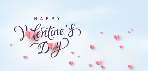 Fototapeta na wymiar Valentine's Day greeting card and pink paper flying hearts on blue sky background. Vector romantic symbols of love with lettering postcard or banner