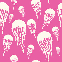 Vector cartoon seamless pattern with white jellyfish and decorate circles on the pink background. Memphis style. For textile design cover children's wallpaper posters. Marine theme. Fun and colorful